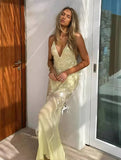 Yooulike Solid Color Sequin Slim Mermaid Trumpet V-Neck Backless Sleeveless Elegant Chic Prom Ball Gown Maxi Dress