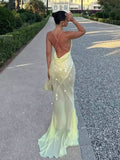 Yooulike Solid Color Sequin Slim Mermaid Trumpet V-Neck Backless Sleeveless Elegant Chic Prom Ball Gown Maxi Dress