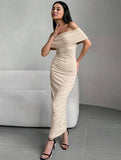 Yooulike Solid Color Off Shoulder Backless Sleeveless Trendy Chic Elegant Evening Party Prom Bodycon Long Dress