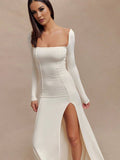 Yooulike Solid Color Bodycon Side Slit Square Neck Backless Long Sleeve Elegant Clubwear Prom Split Hem Dress Long Dress