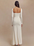 Yooulike Solid Color Bodycon Side Slit Square Neck Backless Long Sleeve Elegant Clubwear Prom Split Hem Dress Long Dress