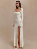 Yooulike Solid Color Bodycon Side Slit Square Neck Backless Long Sleeve Elegant Clubwear Prom Split Hem Dress Long Dress