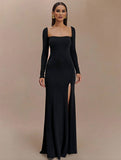 Yooulike Solid Color Bodycon Side Slit Square Neck Backless Long Sleeve Elegant Clubwear Prom Split Hem Dress Long Dress