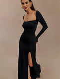 Yooulike Solid Color Bodycon Side Slit Square Neck Backless Long Sleeve Elegant Clubwear Prom Split Hem Dress Long Dress