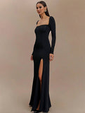 Yooulike Solid Color Bodycon Side Slit Square Neck Backless Long Sleeve Elegant Clubwear Prom Split Hem Dress Long Dress