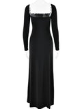 Yooulike Solid Color Bodycon Side Slit Square Neck Backless Long Sleeve Elegant Clubwear Prom Split Hem Dress Long Dress