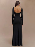 Yooulike Solid Color Bodycon Side Slit Square Neck Backless Long Sleeve Elegant Clubwear Prom Split Hem Dress Long Dress