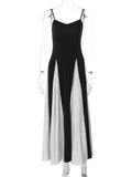 Yooulike Women Black Whtie Patchwork Hit Color Slim Spaghetti Straps Backless Chic Elegant Evening Party Flowy Long Dress