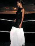 Yooulike Women White Black Patchwork Hit Color Sequin Slim Tulle Pleated Backless Sleeveless Clubwear Prom Long Dress