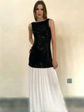 Yooulike Women White Black Patchwork Hit Color Sequin Slim Tulle Pleated Backless Sleeveless Clubwear Prom Long Dress