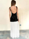 Yooulike Women White Black Patchwork Hit Color Sequin Slim Tulle Pleated Backless Sleeveless Clubwear Prom Long Dress