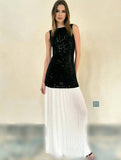 Yooulike Women White Black Patchwork Hit Color Sequin Slim Tulle Pleated Backless Sleeveless Clubwear Prom Long Dress