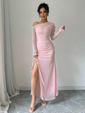 Yooulike Solid Color Ruffle Mesh Side Slit Oblique Shoulder One Shoulder Long Sleeve Elegant Evening Party Side Slit Hem Dress