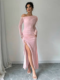 Yooulike Solid Color Ruffle Mesh Side Slit Oblique Shoulder One Shoulder Long Sleeve Elegant Evening Party Side Slit Hem Dress