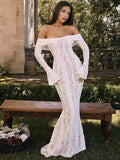 Yooulike Off Shoulder Lace Bell Sleeve Mermaid Trumpet Chic Elegant Evening Party Wedding Bodycon Long Dress