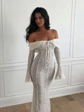 Yooulike Off Shoulder Lace Bell Sleeve Mermaid Trumpet Chic Elegant Evening Party Wedding Bodycon Long Dress