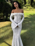 Yooulike Off Shoulder Lace Bell Sleeve Mermaid Trumpet Chic Elegant Evening Party Wedding Bodycon Long Dress