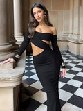 Yooulike Solid Color Off Shoulder Cut Out Irregular Bodycon Dress Long Sleeve Night-Out Long Club Dress