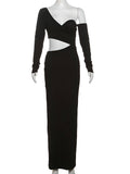 Yooulike Solid Color Off Shoulder Cut Out Irregular Bodycon Dress Long Sleeve Night-Out Long Club Dress