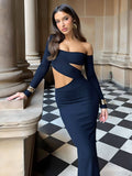 Yooulike Solid Color Off Shoulder Cut Out Irregular Bodycon Dress Long Sleeve Night-Out Long Club Dress