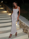 Yooulike Sequin Square Neck Backless Spaghetti Straps Clubwear Chic Evening Party Ceremony Bodycon Long Dress