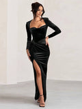 Yooulike Square Neck Knot Side Slit Long Sleeve Elegant Evening Party Ball Gown Bodycon Long Pleuche Dress