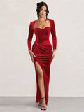 Yooulike Square Neck Knot Side Slit Long Sleeve Elegant Evening Party Ball Gown Bodycon Long Pleuche Dress