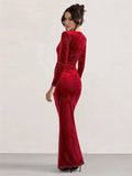 Yooulike Square Neck Knot Side Slit Long Sleeve Elegant Evening Party Ball Gown Bodycon Long Pleuche Dress