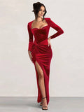 Yooulike Square Neck Knot Side Slit Long Sleeve Elegant Evening Party Ball Gown Bodycon Long Pleuche Dress