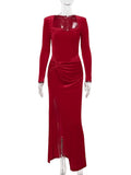 Yooulike Square Neck Knot Side Slit Long Sleeve Elegant Evening Party Ball Gown Bodycon Long Pleuche Dress