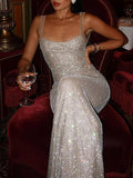 Yooulike Bodycon Sequin Gown Dress Spaghetti Straps Backless Clubwear Vintage Party Long Ball Dress