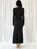 Yooulike Solid Color Bodycon Trumpet Dress V-Neck Long Sleeve Mermaid Chic Elegant Party Prom Long Dress