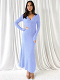 Yooulike Solid Color Bodycon Trumpet Dress V-Neck Long Sleeve Mermaid Chic Elegant Party Prom Long Dress