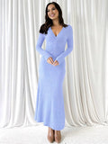 Yooulike Solid Color Bodycon Trumpet Dress V-Neck Long Sleeve Mermaid Chic Elegant Party Prom Long Dress