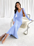 Yooulike Solid Color Bodycon Trumpet Dress V-Neck Long Sleeve Mermaid Chic Elegant Party Prom Long Dress