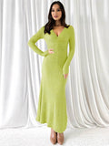 Yooulike Solid Color Bodycon Trumpet Dress V-Neck Long Sleeve Mermaid Chic Elegant Party Prom Long Dress