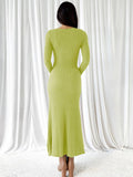 Yooulike Solid Color Bodycon Trumpet Dress V-Neck Long Sleeve Mermaid Chic Elegant Party Prom Long Dress