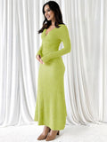 Yooulike Solid Color Bodycon Trumpet Dress V-Neck Long Sleeve Mermaid Chic Elegant Party Prom Long Dress