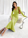 Yooulike Solid Color Bodycon Trumpet Dress V-Neck Long Sleeve Mermaid Chic Elegant Party Prom Long Dress