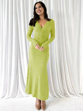 Yooulike Solid Color Bodycon Trumpet Dress V-Neck Long Sleeve Mermaid Chic Elegant Party Prom Long Dress