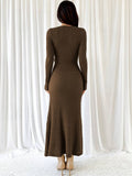 Yooulike Solid Color Bodycon Trumpet Dress V-Neck Long Sleeve Mermaid Chic Elegant Party Prom Long Dress