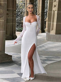 Yooulike Women Wedding Dress Lace Side Slit Backless Long Sleeve Elegant Evening Party Prom Long Dress