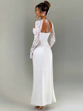 Yooulike Women Wedding Dress Lace Side Slit Backless Long Sleeve Elegant Evening Party Prom Long Dress