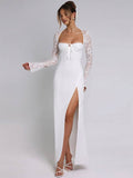 Yooulike Women Wedding Dress Lace Side Slit Backless Long Sleeve Elegant Evening Party Prom Long Dress