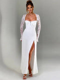 Yooulike Women Wedding Dress Lace Side Slit Backless Long Sleeve Elegant Evening Party Prom Long Dress