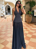 Yooulike Polka Dot Bodycon Pleated Splicing Dress Halter Neck Backless Sleeveless Chic Elegant Beach Party Long Dress