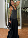 Yooulike Polka Dot Bodycon Pleated Splicing Dress Halter Neck Backless Sleeveless Chic Elegant Beach Party Long Dress