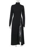 Yooulike Solid Color Slim Side Slit High Neck Long Sleeve Zipper Chic Elegant Ceremony Long Dress