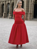 Yooulike Solid Color A-Line Off Shoulder Sleeveless Chic Elegant Evening Party Prom Cocktail Long Dress