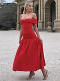 Yooulike Solid Color A-Line Off Shoulder Sleeveless Chic Elegant Evening Party Prom Cocktail Long Dress